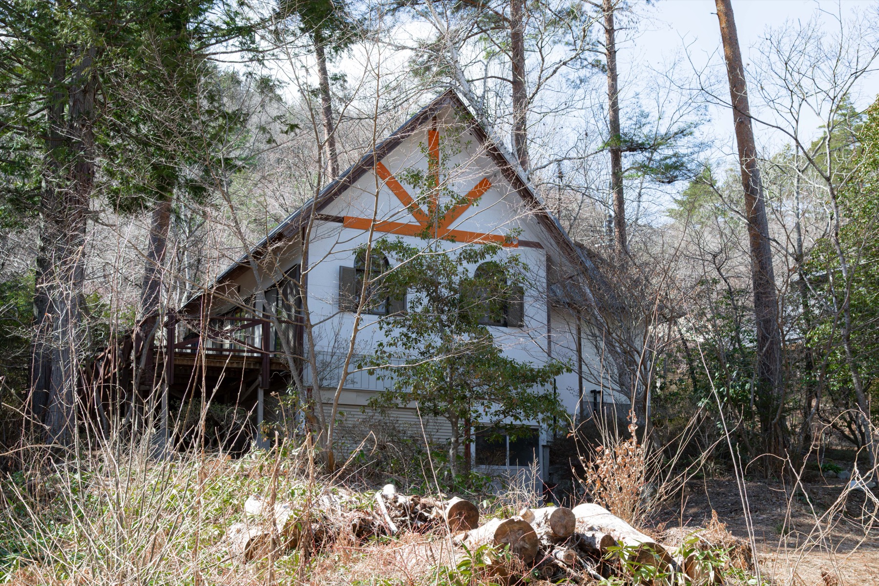 林の中に建つ三角屋根の建物